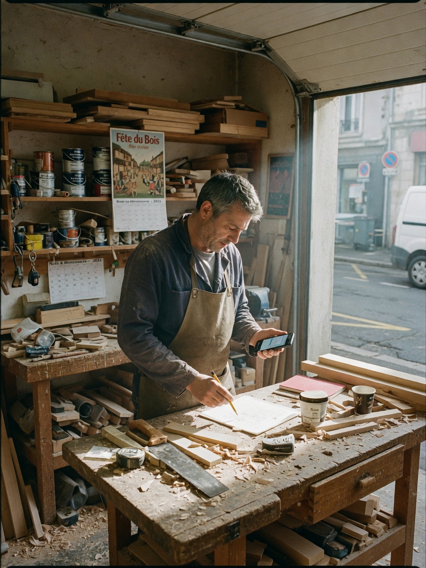 Un artisan dans son atelier, téléphone à la main
