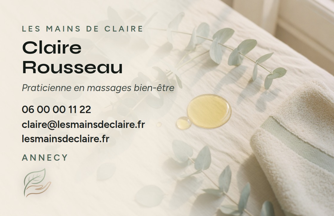 Verso de la carte Les Mains de Claire — nom, téléphone, e-mail et site