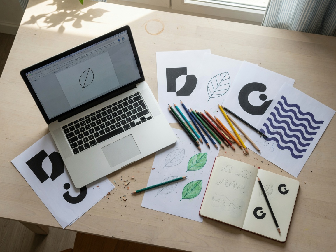 Table de travail : ordinateur et essais de logos simples, sans texte